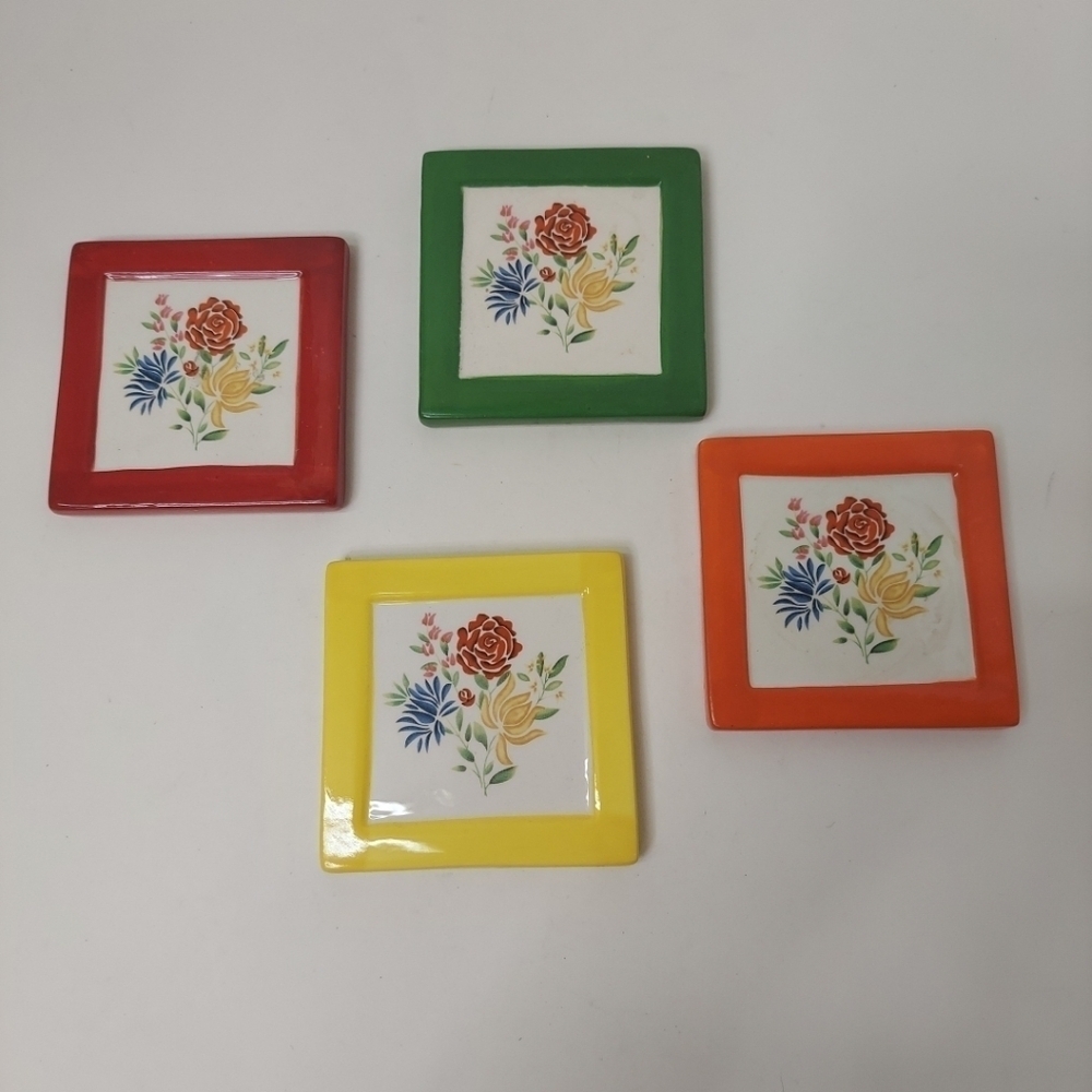 Coaster Set 4 Flowers Painted Floral Ceramic Felt Back Bold Color Borders
